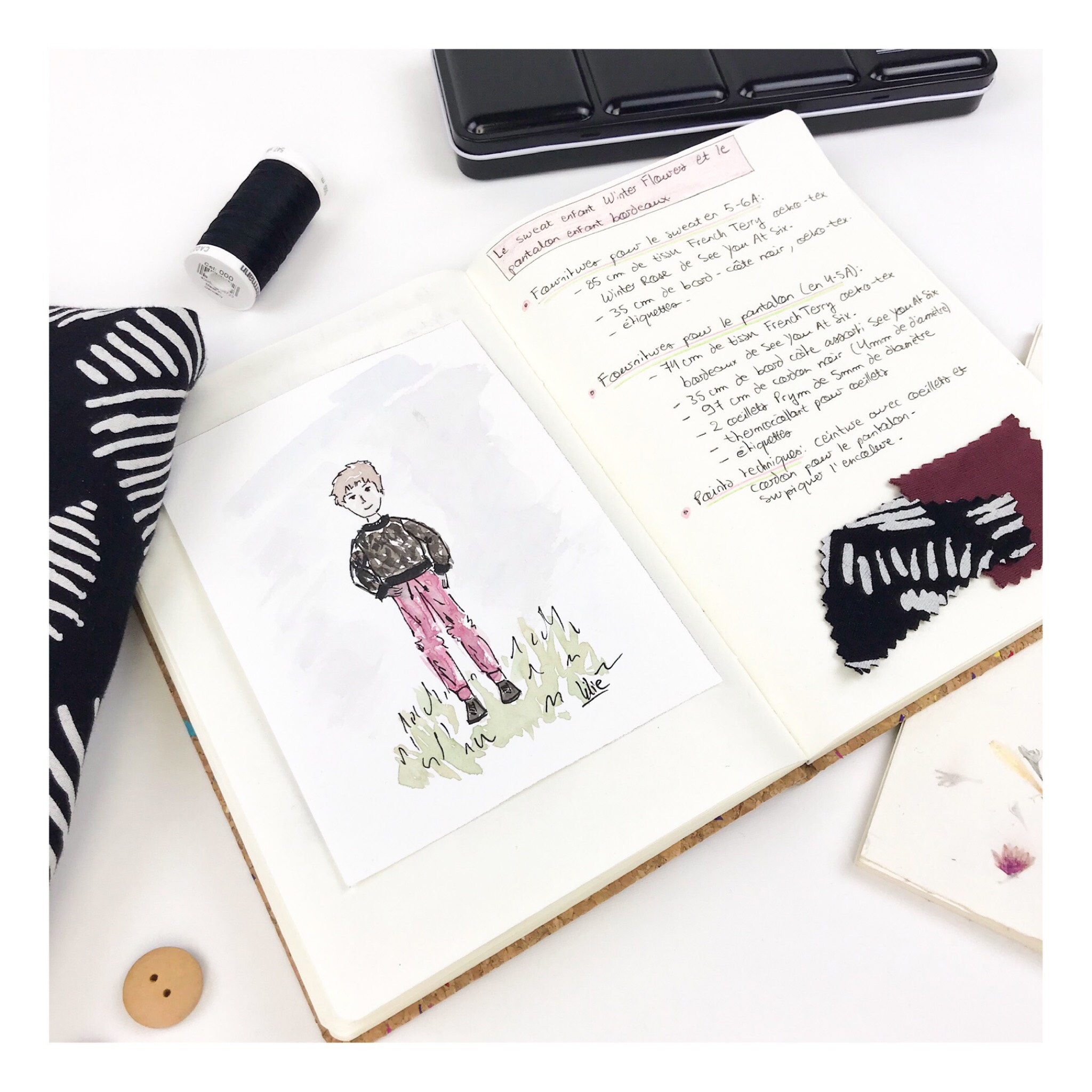 Carnet de couture avec croquis aquarelle des projets de la collection Winter Flowers