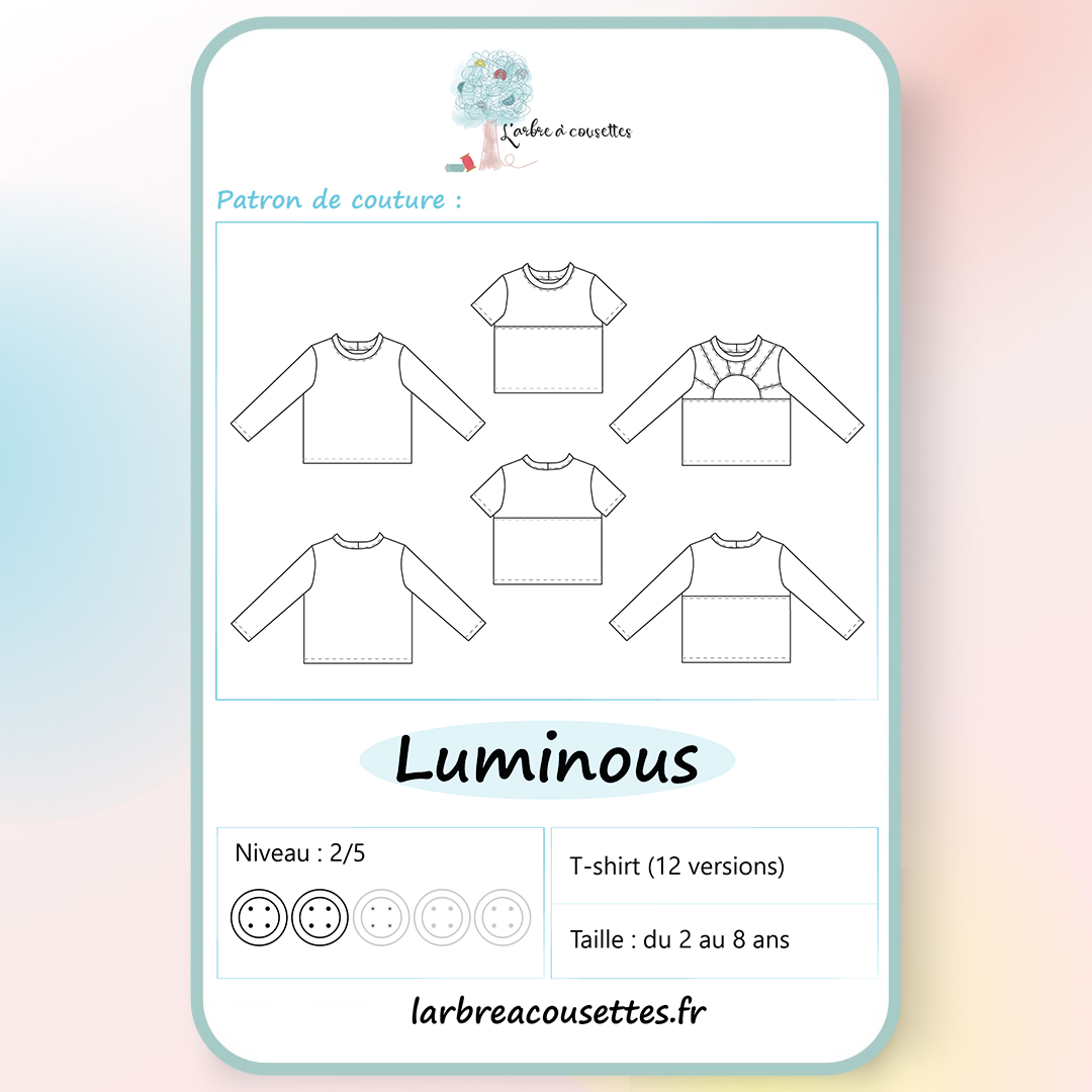 Couverture du patron PDF Luminous – T-shirt enfant 12 versions, niveau 2/5