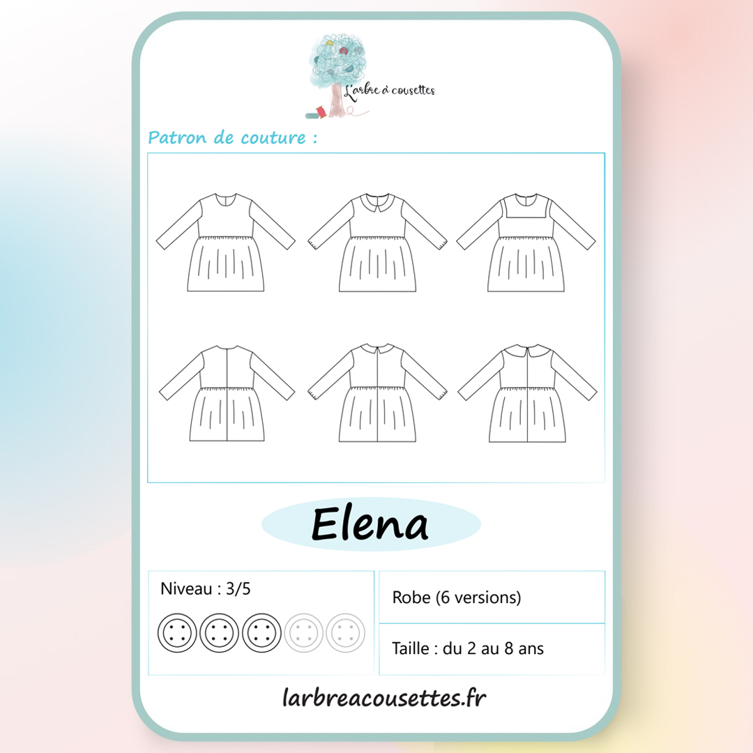 Couverture patron PDF robe Elena, 6 variantes de cols et manches, couture enfant 2-8 ans