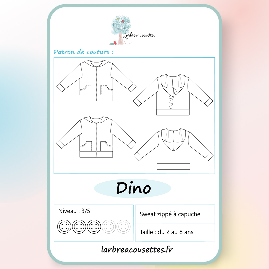 Couverture du patron PDF sweat zippé Dino pour enfant, niveau 3/5, 2 versions