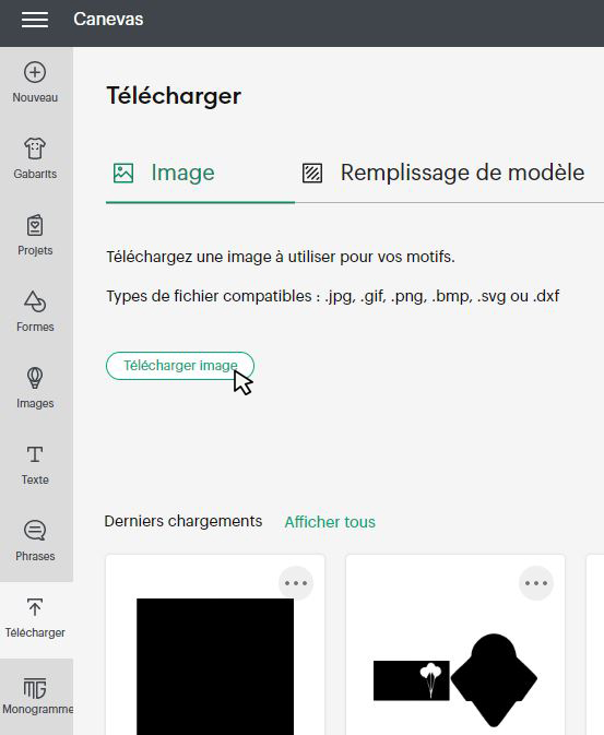 Cricut Design Space – cliquer sur le bouton vert Télécharger image pour importer le motif