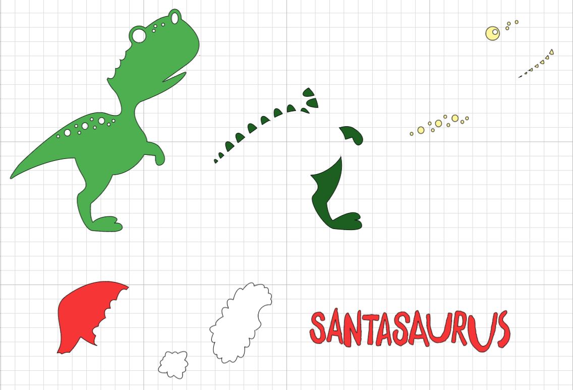 Cricut Design Space – 5 calques de couleurs pour le motif dinosaure de Noël (rouge, vert, vert foncé, blanc, velours)