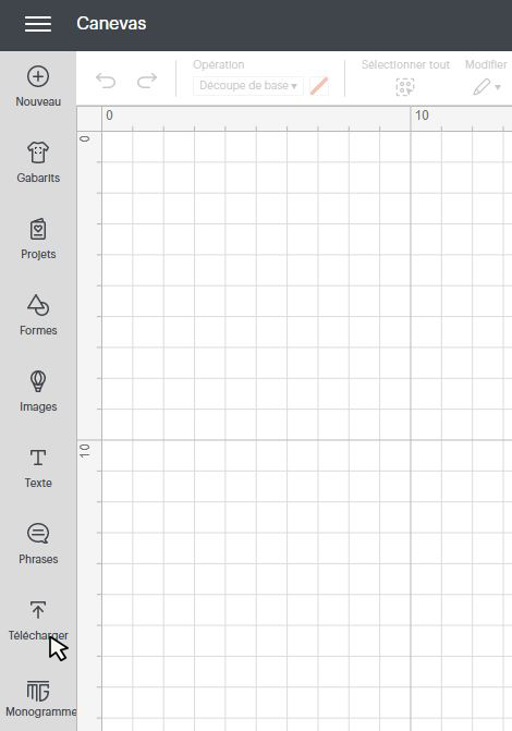 Cricut Design Space – cliquer sur Télécharger dans le menu gauche pour importer une image
