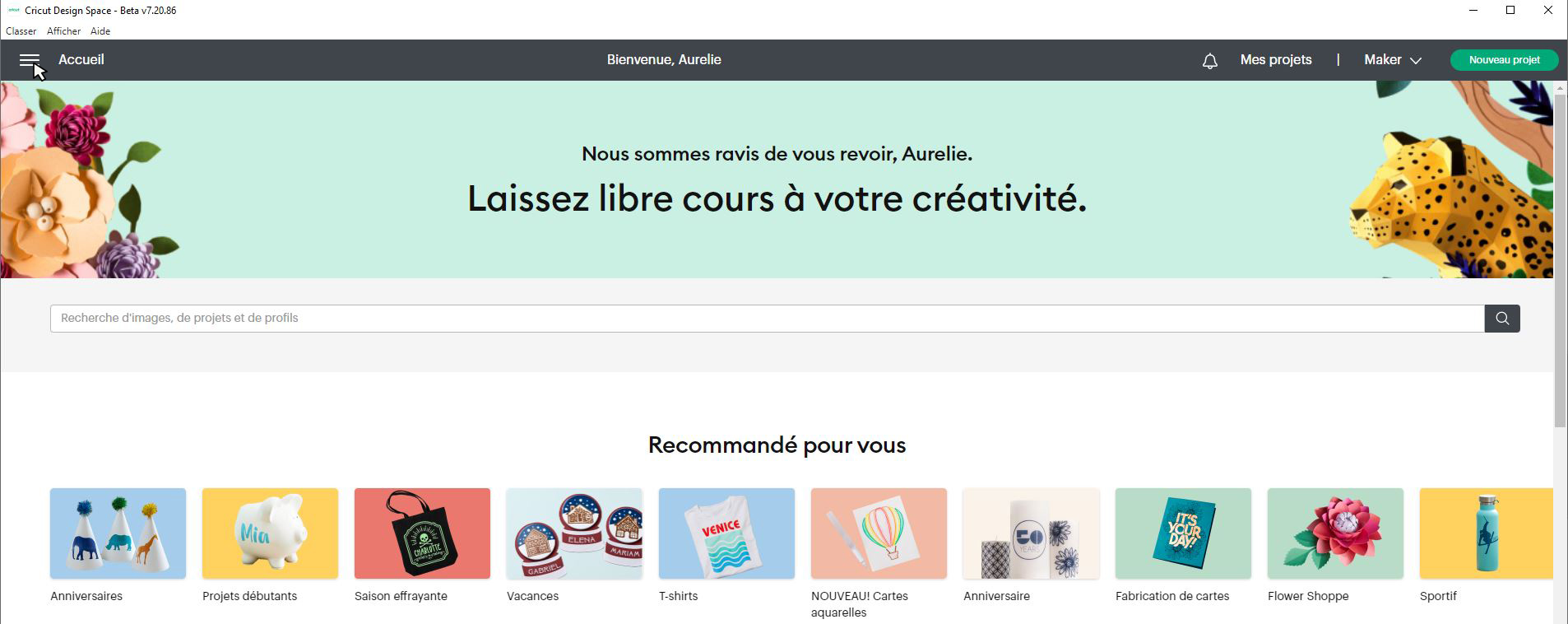 Cricut Design Space – cliquer sur le menu en haut à gauche pour ouvrir le Canevas