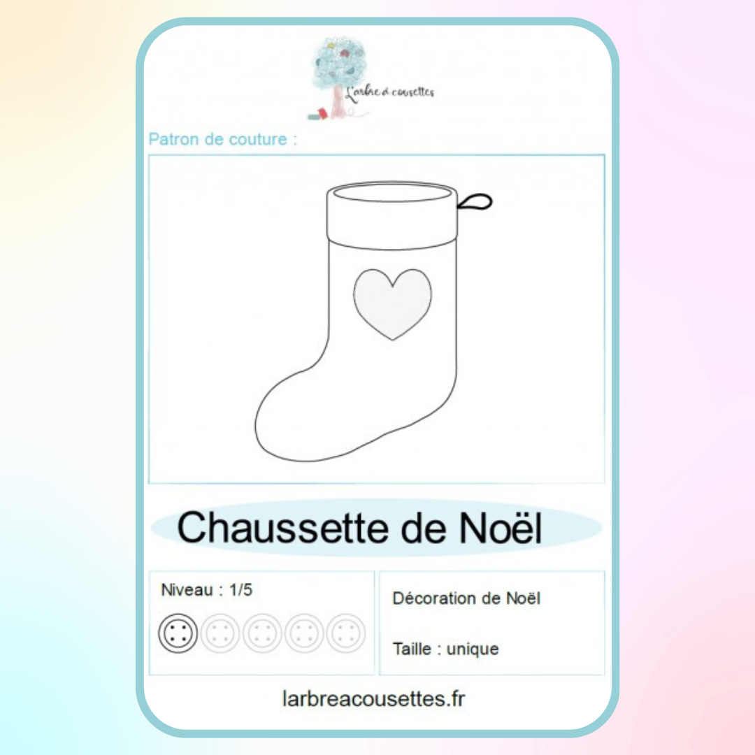 Patron PDF gratuit de la chaussette de Noël de L’Arbre à Cousettes, téléchargeable sur la boutique