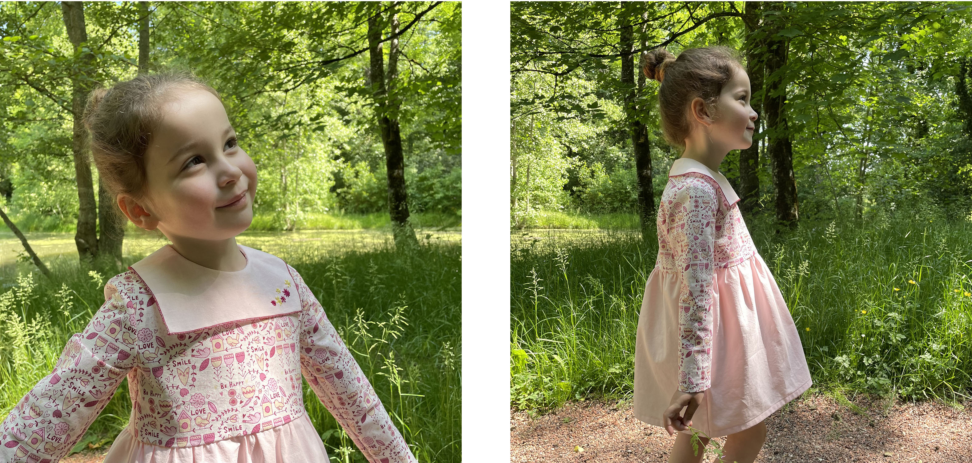 Robe Elena col marin vue de profil sur mannequin, couture enfant coton rose