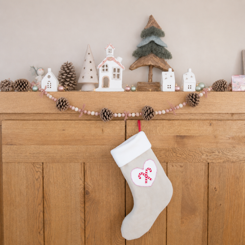 Chaussette de Noël cousue en tissu polaire beige avec cœur appliqué – variation du patron gratuit L'arbre à cousettes